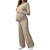 OYOANGLE Women's Maternity 2 Piece Outfits Long Sleeve Ruched Nursing Top and Straight Leg Pants Lounge Set