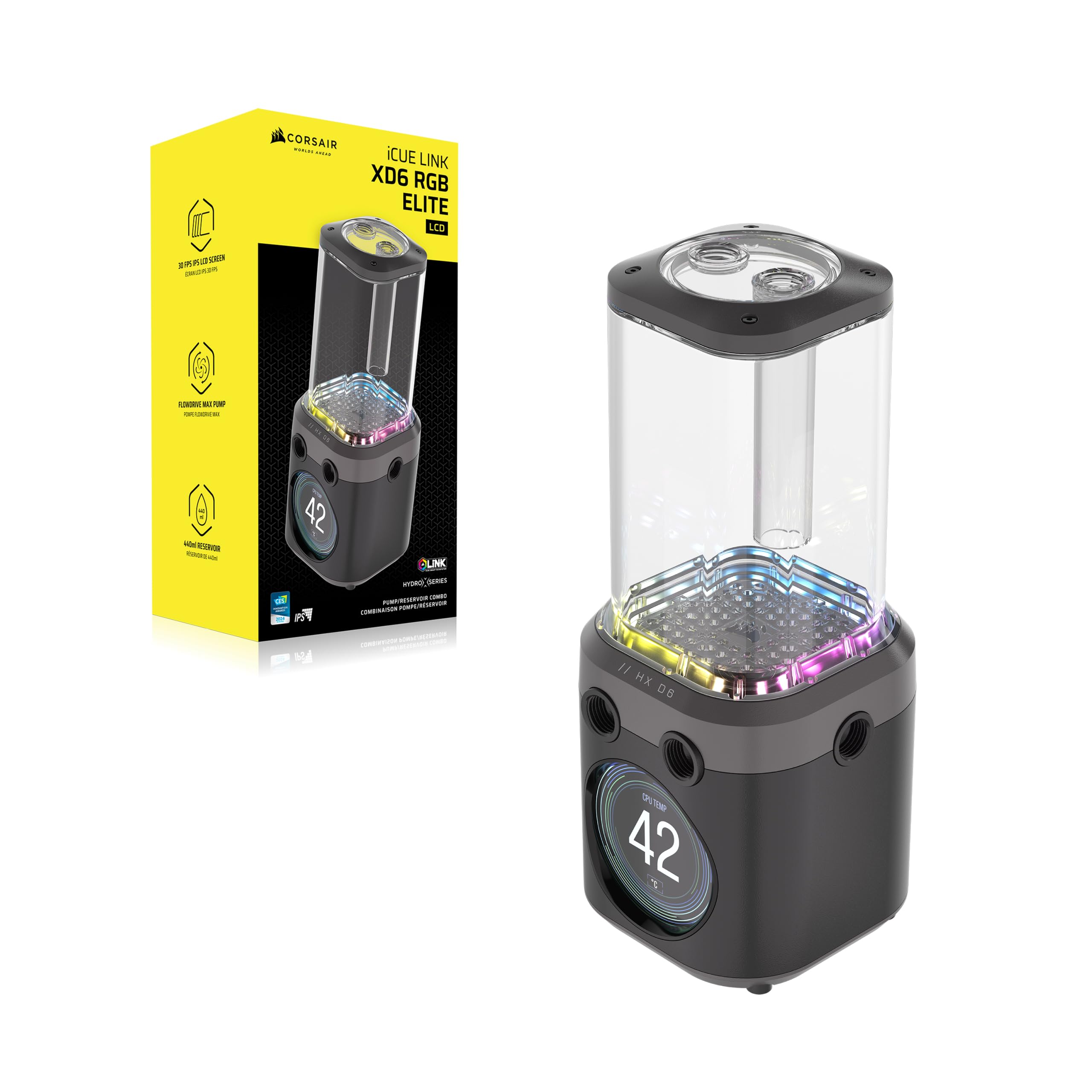 Corsair iCUE Link XD6 RGB Elite LCD Pump/Reservoir Unit – FlowDrive Max Pump, 480x480 IPS LCD Screen, Built-in Temperature Sensor, 22 Addressable RGB LEDs, 440ml Nylon Reservoir – Stealth Gray