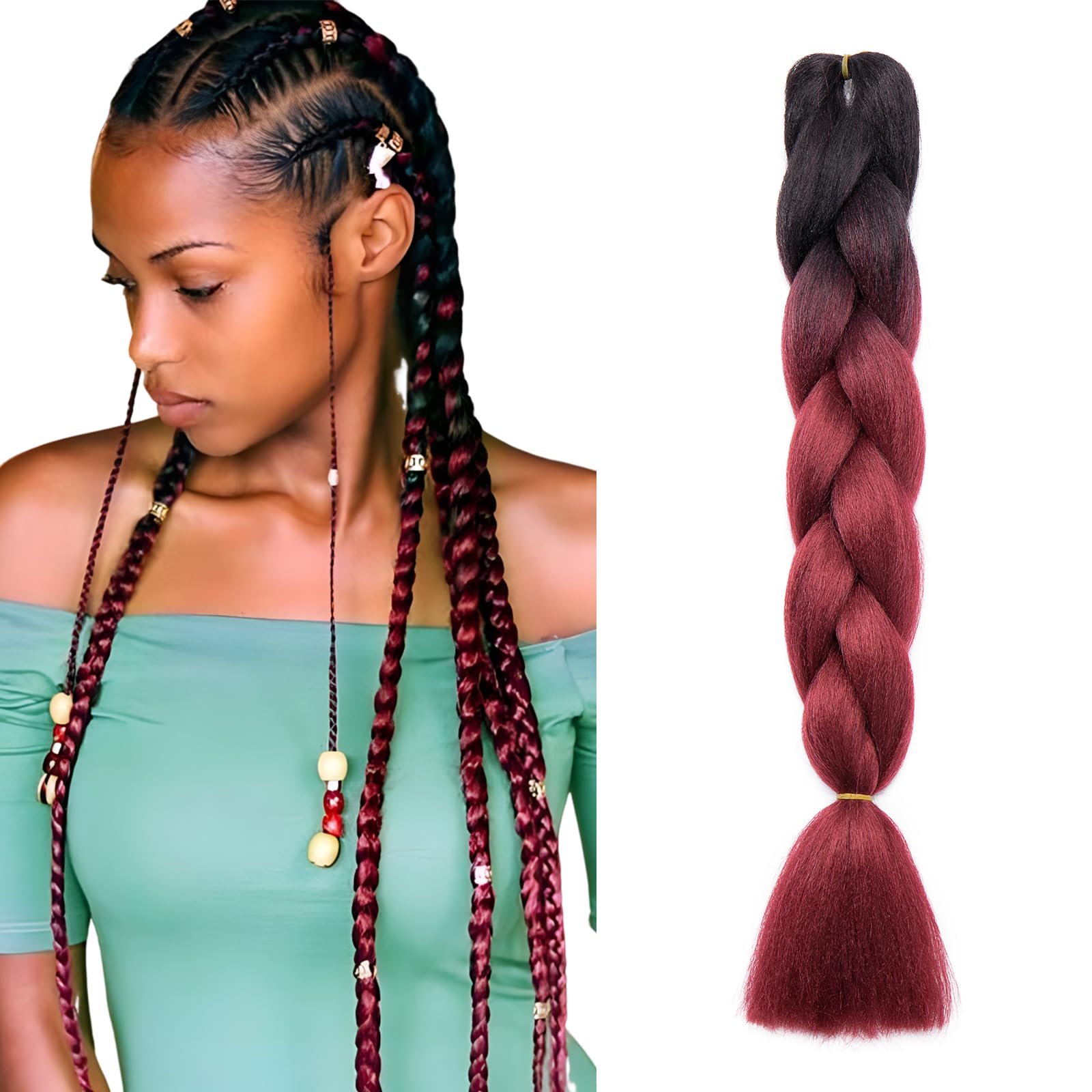 Ombre 4 Tones Braiding Hair Extensions Jumbo Braids Hair Extension Jumbo Braiding for Twist Braiding 24",1 Bundles - Dark Black to Dark Red