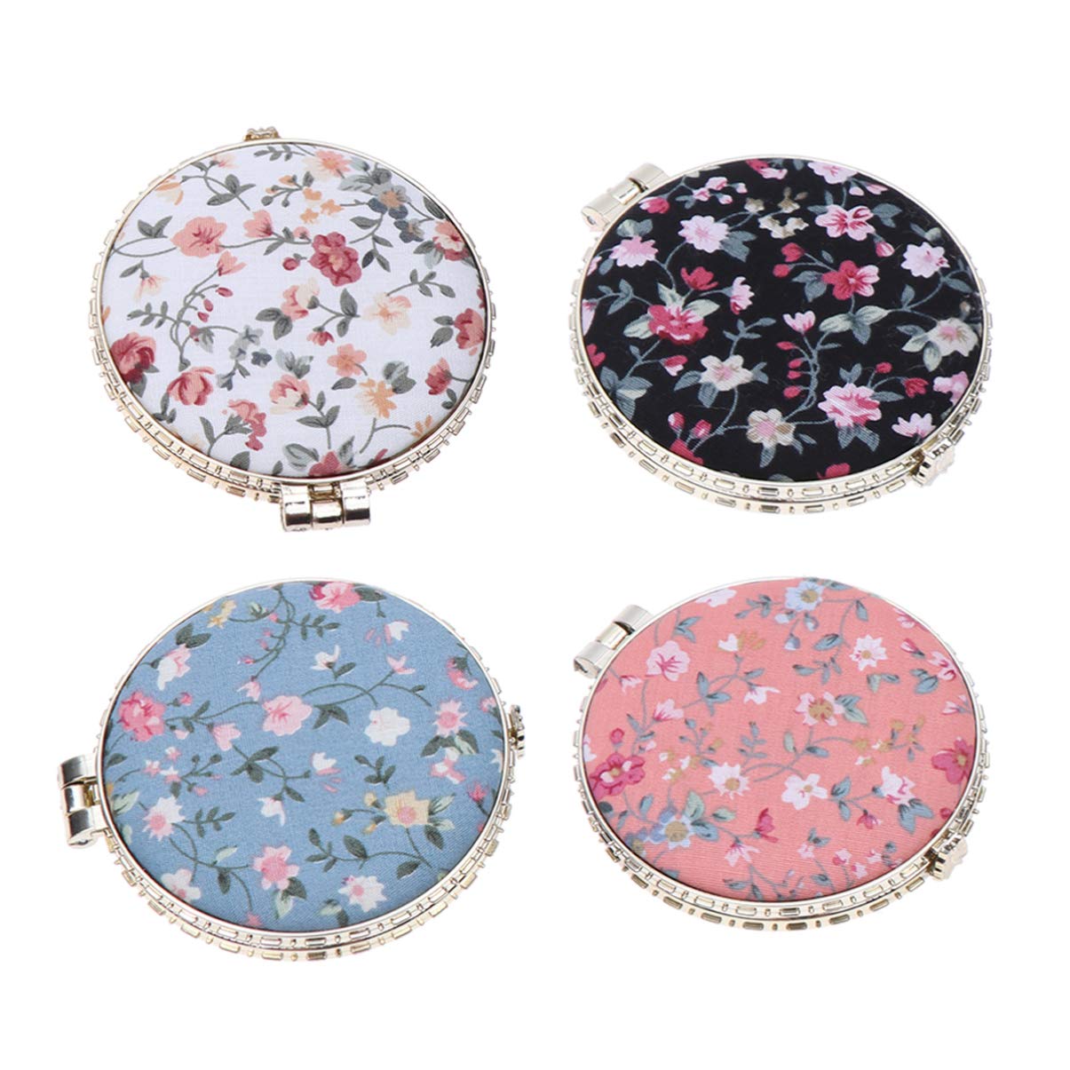 Lurrose Foldable Round Pocket Mirror 3.15 Inch Double-Sided Vintage Makeup Mirror with Floral Cloth Cover Compact Cosmetic for Travel and Daily Use 4 Pack