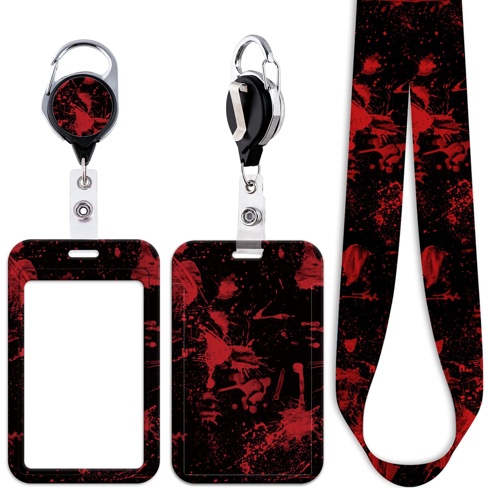 Juanooo Red & Black ID Lanyard Card Holder & Retractable Badge Reel Clip Cool Goth Keychain for Keys ID Badges for Women Men Teens Horror Halloween Blood Key Lanyard ID Holder — image 1