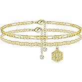 Memorjew Initial Ankle Bracelets for Women, 14K-Gold-Plated Double Layered Initial Anklets Jewelry for Women