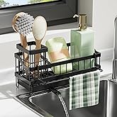 WIWIUXY Sponge Holder for Kitchen Sink, Sink Caddy with High Brush Holder, Organzier Rustproof 304 Stainless Steel Dish Organizer Wall Mount, Soap Dispenser Storage