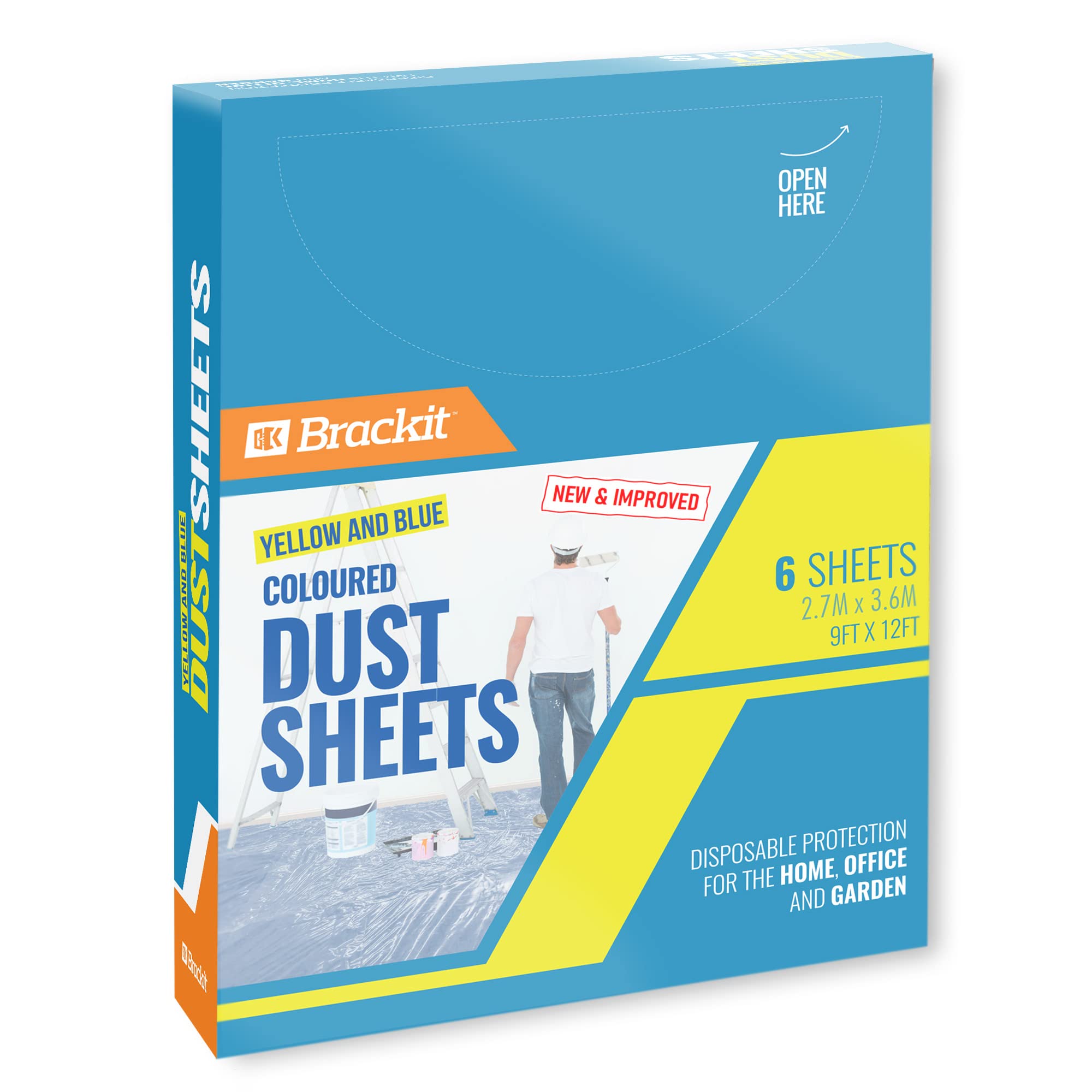 Brackit Premium Plastic Disposable Yellow & Blue Coloured Dust Sheets - 6-Pack 3.6m x 2.7m (12x9ft) - Polythene Dustproof Waterproof Drop Cloth
