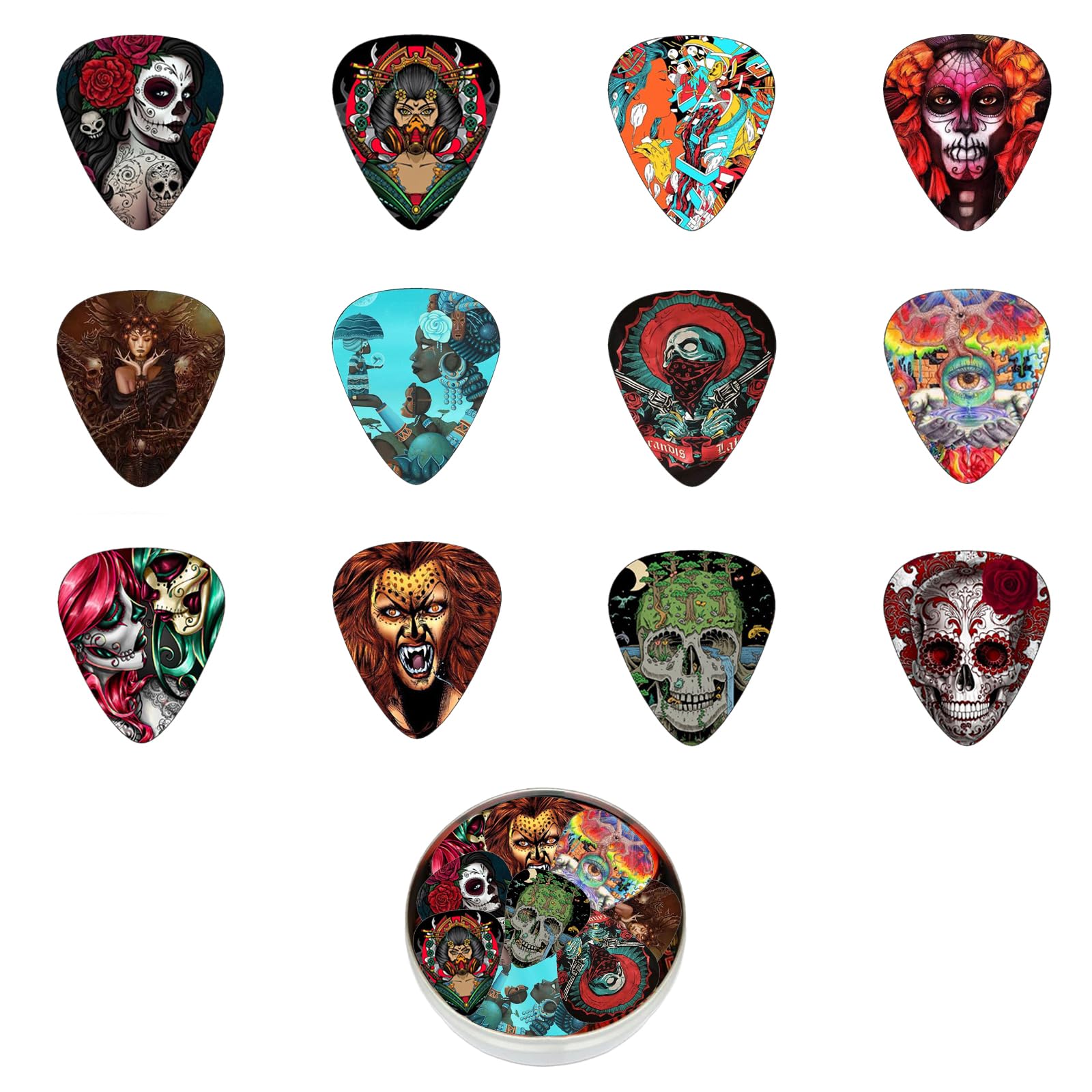 Guitar Pickes, 12 Pack Thin, Medium, Heavy & Extra Heavy Picks With Tin Box,Variety Pack Artistic Celluloid Guitare Pick Tin For Folk, Acoustic, Ukulele, Bass, Electric Guitare