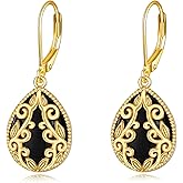 Black Onyx Earrings Sterling Silver 18K Yellow Gold Plated Filigree Boho Dangle Earrings Jewelry Gifts for Women Girls