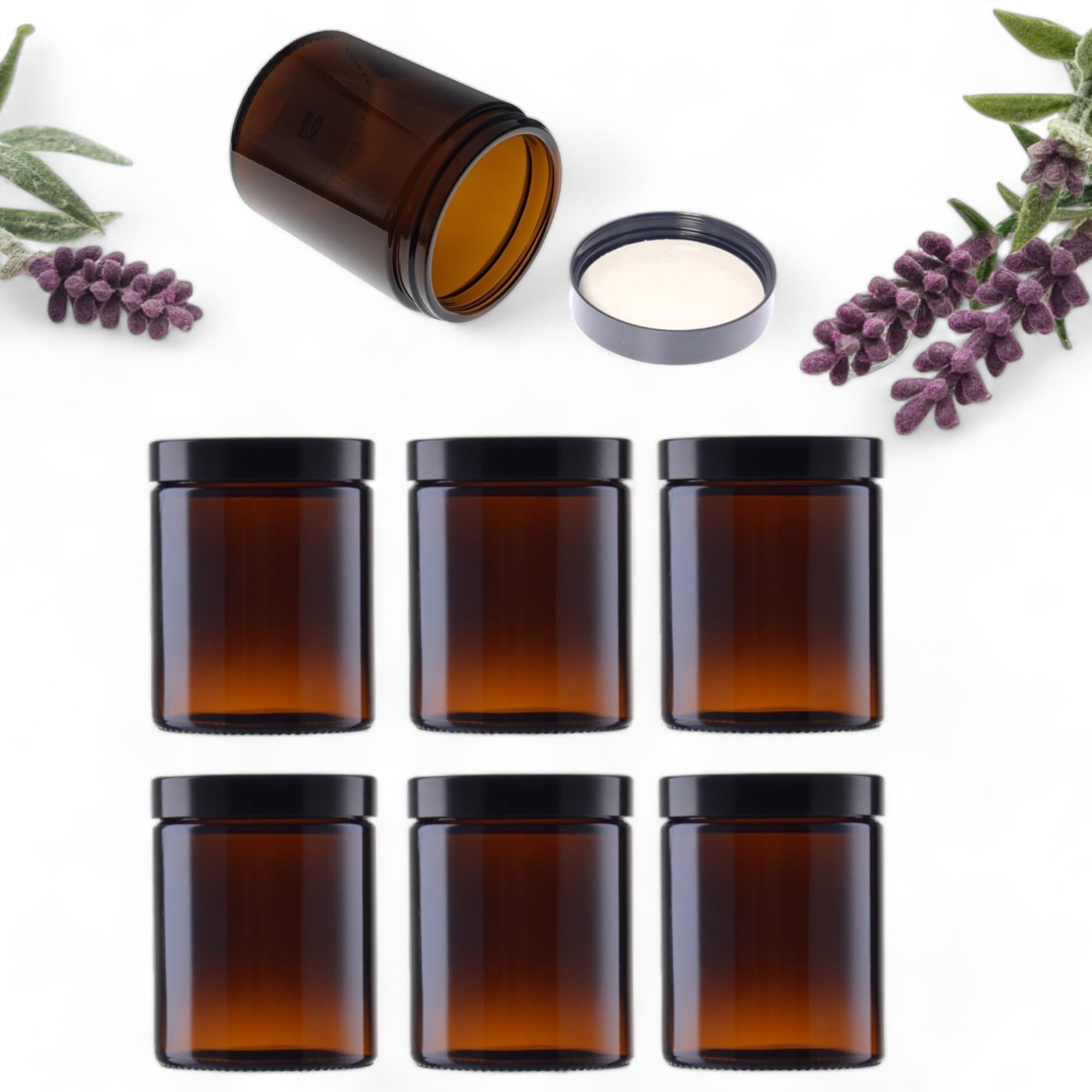 AVALON Pack of 6 x 180ml Amber Glass Ointment Jars with Black Urea Lids - Ideal for Skincare, Balms, Creams, and More