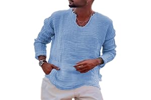 IVERIRMIN Men's Vintage Linen Raw Edge Plain Long Sleeve Shirts Casual Crewneck Beach Hippie Yoga Shirts