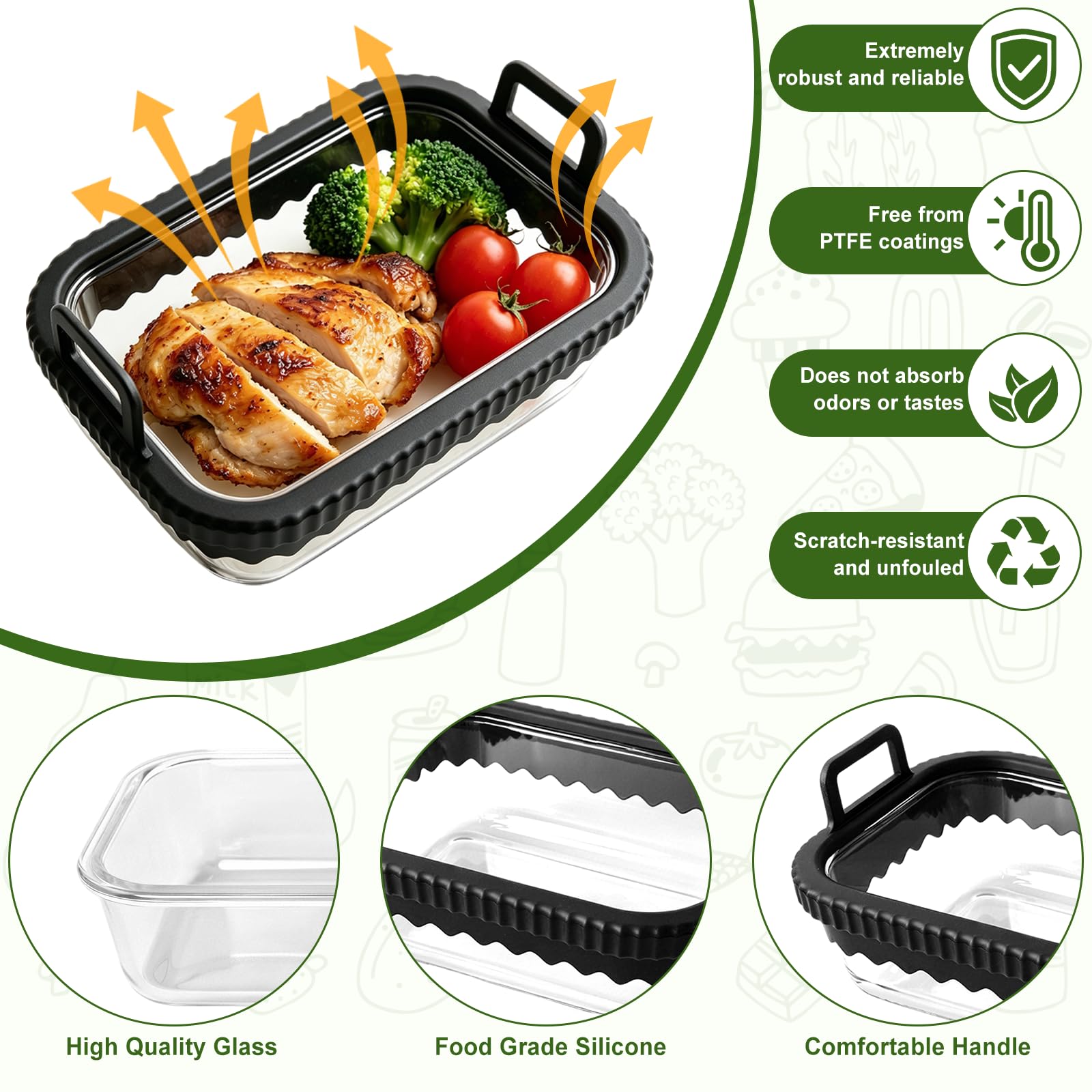 Glas Auflaufform für Airfryer, 2 Stück Auflaufform Airfryer mit Deckel & Silikongriffen, Universelles Heißluftfritteusen Zubehör für Cosori, Ninja, Philips, Herausnehmbarer, BPA-frei 3