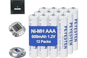 PEYESTEN 1.2V 600mAh Ni-MH AAA Rechargeable Batteries, Triple A Batteries for Outdoor Solar Lights, String Lights, Pathway Lights, Pre-Charged, 12 Pack