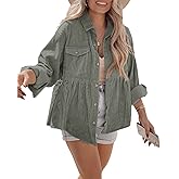 Ashuai Womens Corduroy Peplum Shacket Jacket Long Sleeve Button Down Babydoll Shirts Oversized Casual Blouses Tops