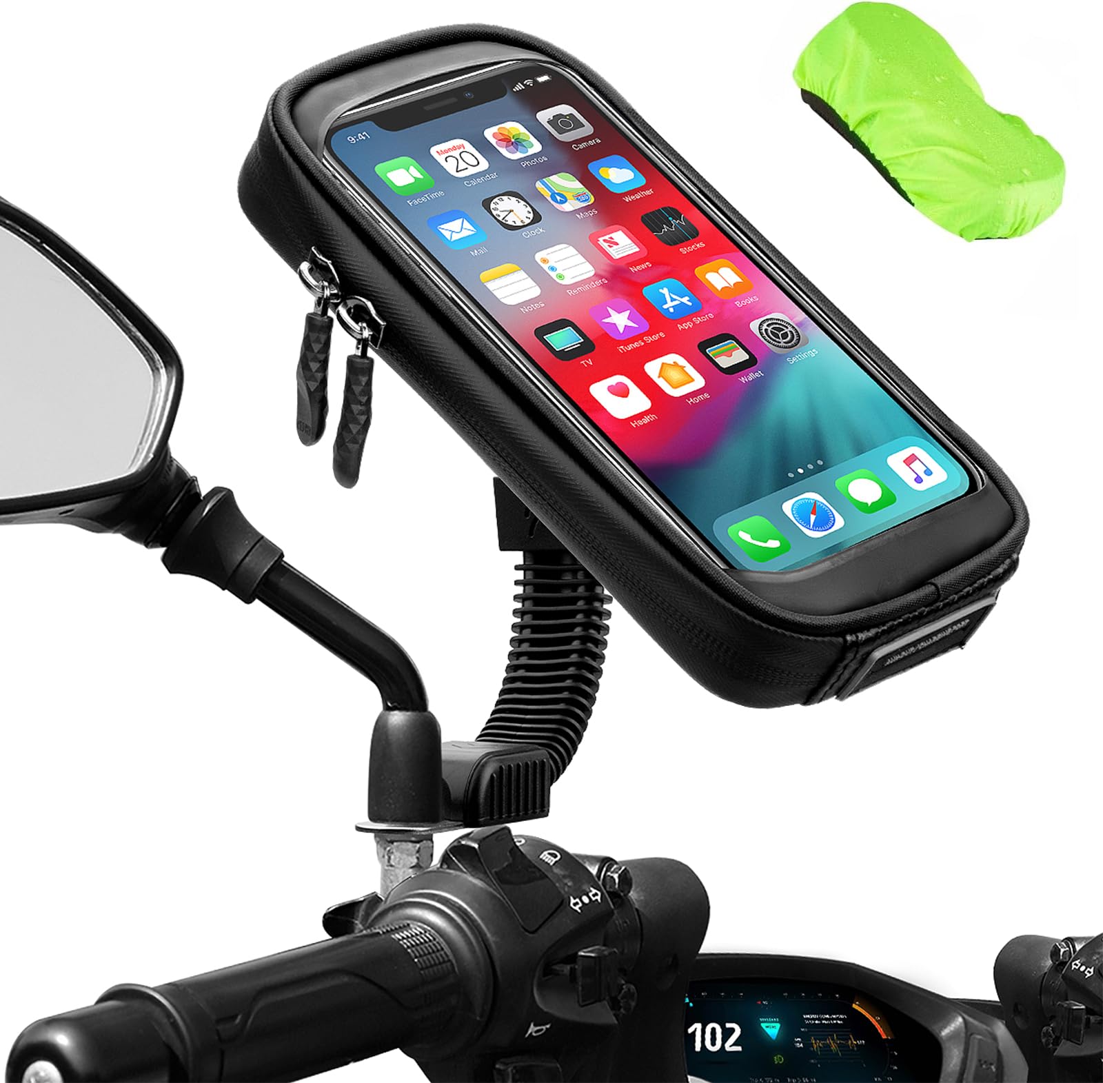 ENONEO Motorcycle Phone Mount Waterproof 360°Rotation Motorbike Phone Holder with Rain Cover Motorcycle Phone Holder Bag for Rearview Mirror Phone up to 6.7" (Black)