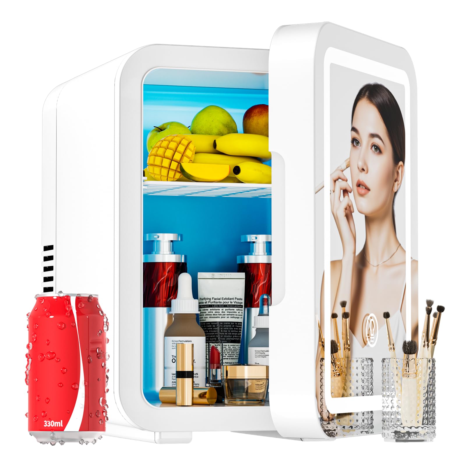Photo 1 of ***MISSING PLUG*** JrostKault 6L Mini Fridge with LED Mirror, Dual Cooling & Warming Function, .3L/8 Cans Capacity, Ultra-Quiet Portable Refrigerator for Skincare, Makeup, Car and Home Use, White