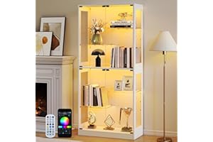 Lamtor Display Cabinet with Lights - 69" Curio Cabinet for Collectibles with Glass Door and Adjutable Shelves, 4 Tier Glass Display Case for Living Room, White