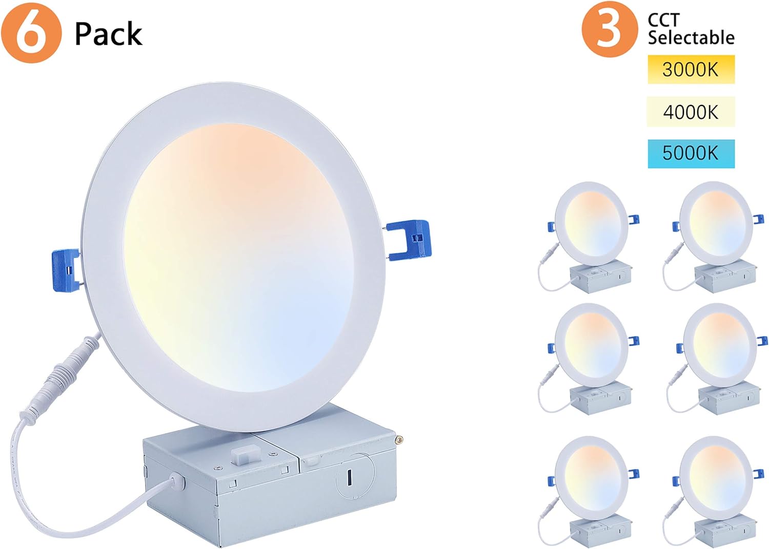 Cloudy Bay 6 inch 3000K/ 4000K/ 5000K Three Color Temperature Selectable, Dimmable 15W CRI 90+ LED Recessed Light, IC Rated,Ultra Thin Recessed Downlight with Junction Box, White, 6PK