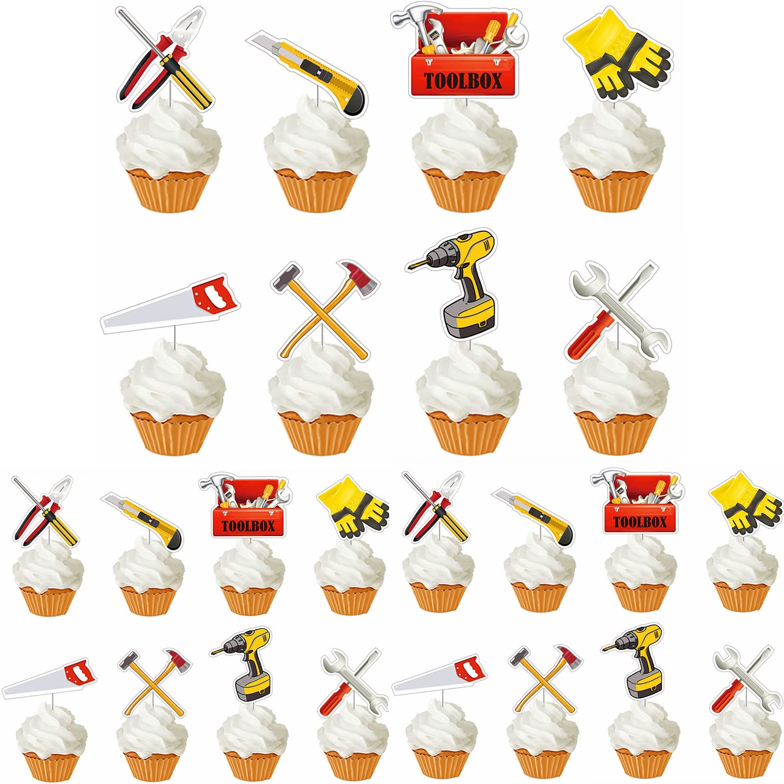 24 Pack Tools Themed Cupcake Toppers Cake Decorations Handyman Toolbox Plier Hammer Screwdriver Drill Wrench Handsaw Cupcake Picks for Men Mechanic Theme Birthday Party Supplies