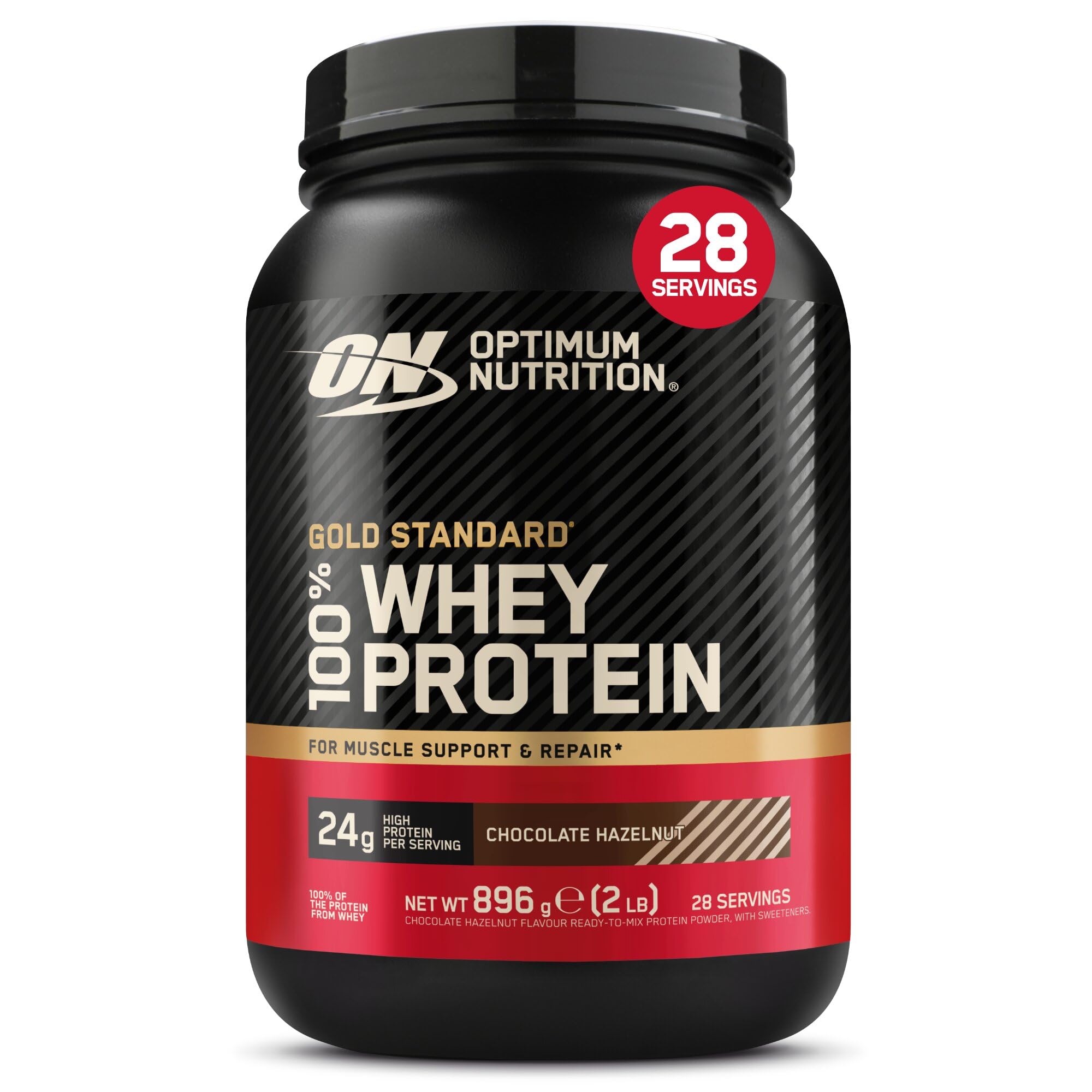 Optimum Nutrition Gold Standard 100% Whey Muscle Building and Recovery Protein Powder With Naturally Occurring Glutamine and BCAA Amino Acids, Chocolate Hazelnut Flavour, 28 Servings, 896 g