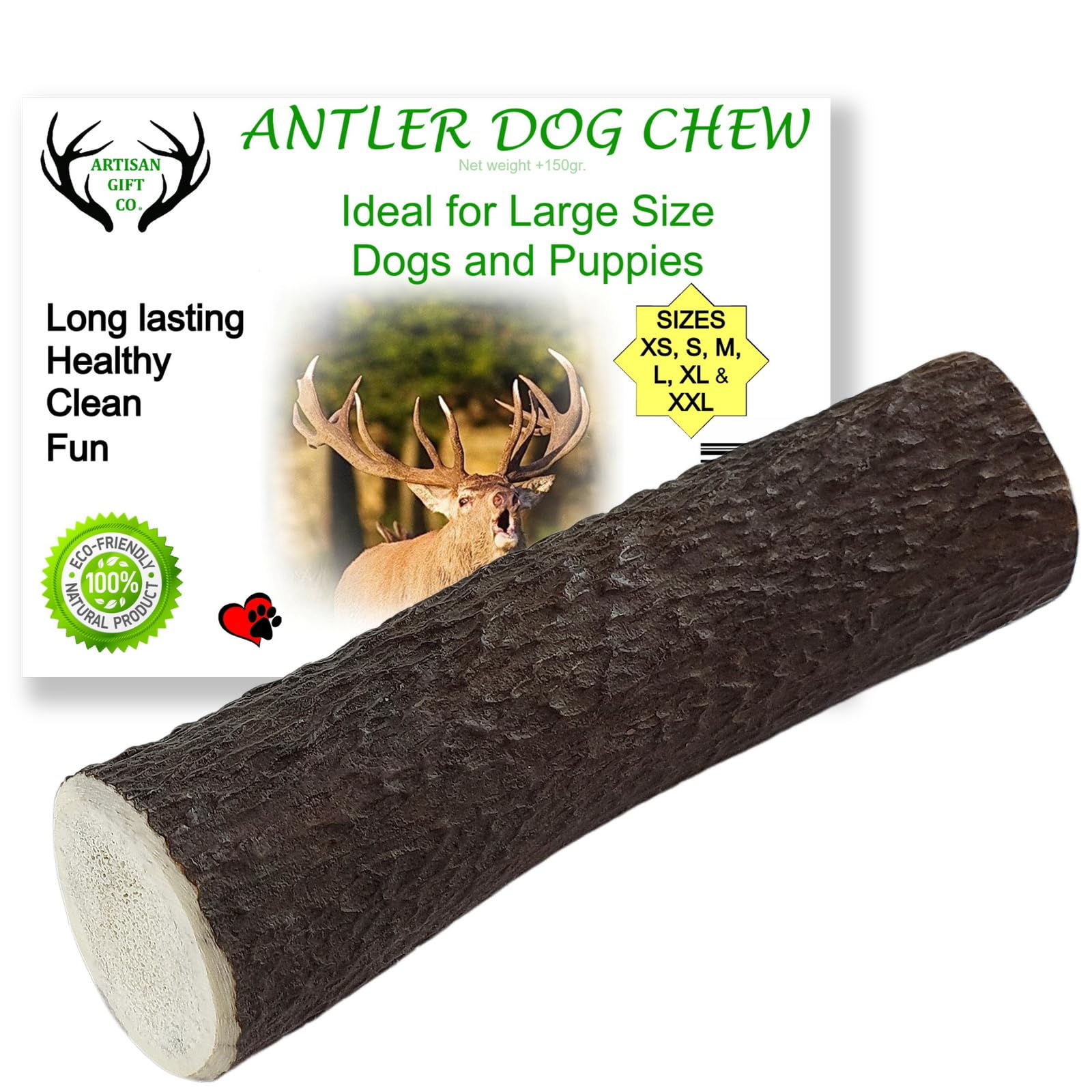 ARTISAN GIFT CO Naturally Shed 100% Natural Premium Deer Antler Chew for Dogs - minimum weight 150g (L - 1 Unit)