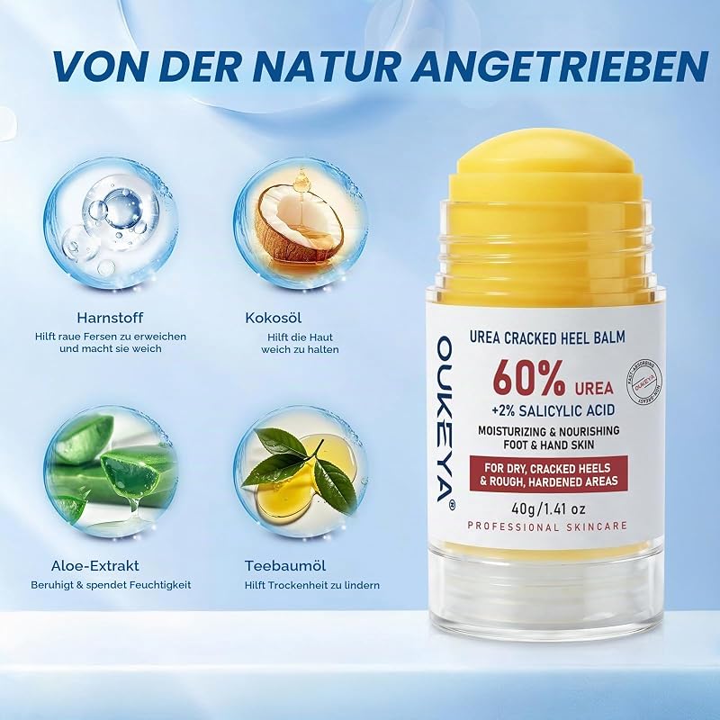 Urea Creme Stick mit 60% Urea & 2% SA, Intensiv Pflege Stick für raue, trockene Haut an Fersen, Füßen, Ellbogen & Knien, Feuchtigkeitsbalsam für glattere Haut, 40g