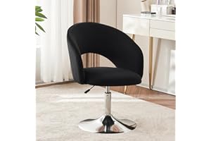 Furnimart Adjustable Black Vanity Chair with Back, Velvet Makeup Chair Swivel Accent Chair with Chrome Frame Hollow Backrest, Side Chair for Living Room, Makeup Room, Bedroom (Black)