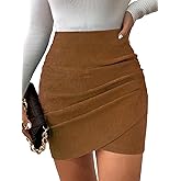 GAMISS Women's Brown Mini Skirt Bodycon Ruched Tulip Skirt Elastic High Waist Textured Wrap Asymmetrical Short Skirts Large