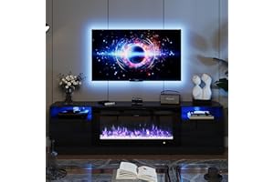 oneinmil Fireplace TV Stand with 36" Electric Fireplace, LED Light Entertainment Center, Modern Wood Texture Entertainment Stand with Highlight Storage Cabinet for TVs Up to 80", 70 inches, Black