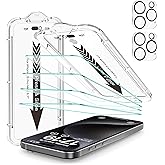 EZ-GLAZ- 4 Pack for iPhone 15 Pro Max Screen Protector [6.7"] With 2 Pack Camera Lens Protector, 9H+ Hardness 12FT Military Grade Shatterproof Scratch Resistant Durable Tempered Glass Film with Flawless Fit Kit, HD Clear