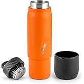EcoVessel Stainless Steel Flask with Removable Shot Cup, Vacuum Insulated Bottle for Hot and Cold Drinks, Thermos with Folding Handle for Travel and Camping, 8oz (Orange)