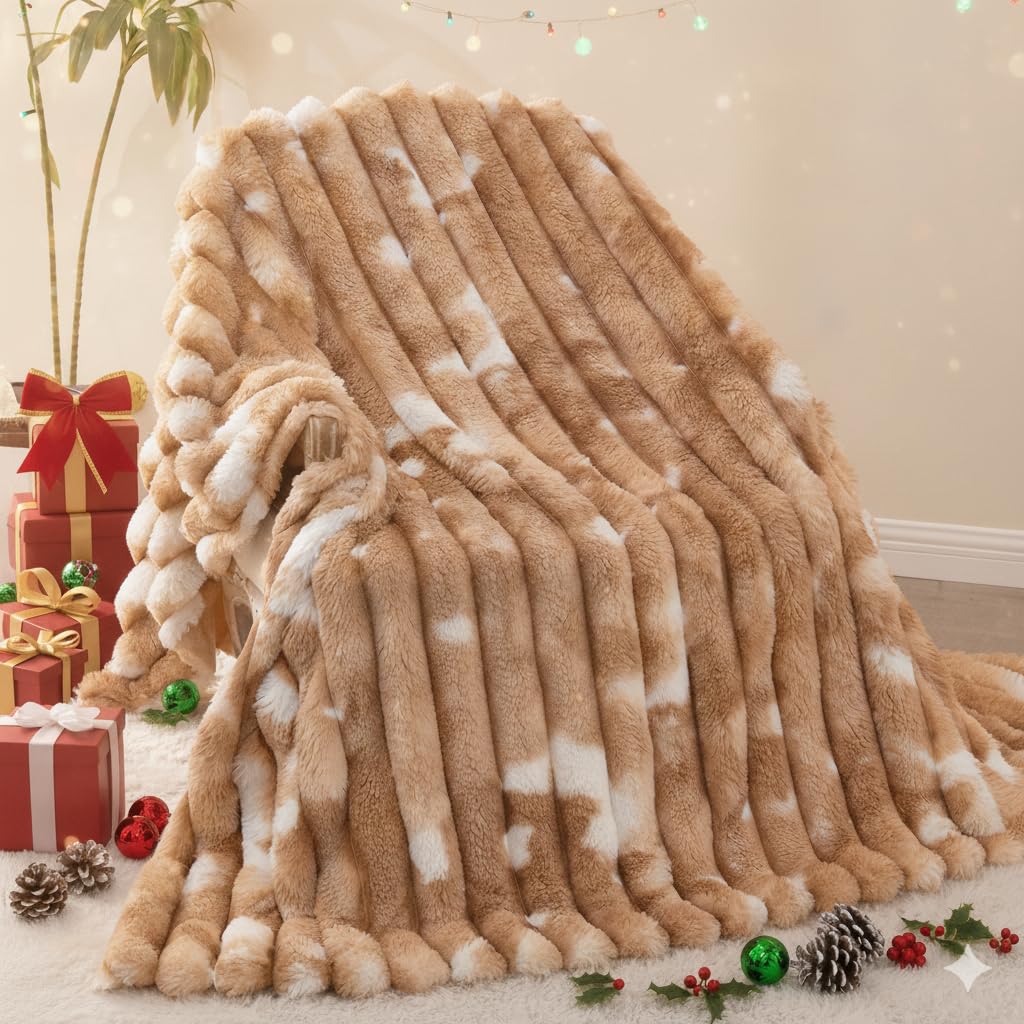 Photo 1 of Throw Blanket for Couch - 108" x 90" Faux Rabbit Fur Throw Blanket Cozy Soft Warm Blankets for Bed Sofa Bedroom Living Room Fluffy Striped Blankets for Fall Winter, Home Decor, Brown
