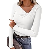EVALESS Women's Long Sleeve Asymmetrical Neck Ruched Slim Fit Shirts 2026 Spring Fashion Casual Tee Going Out Tops