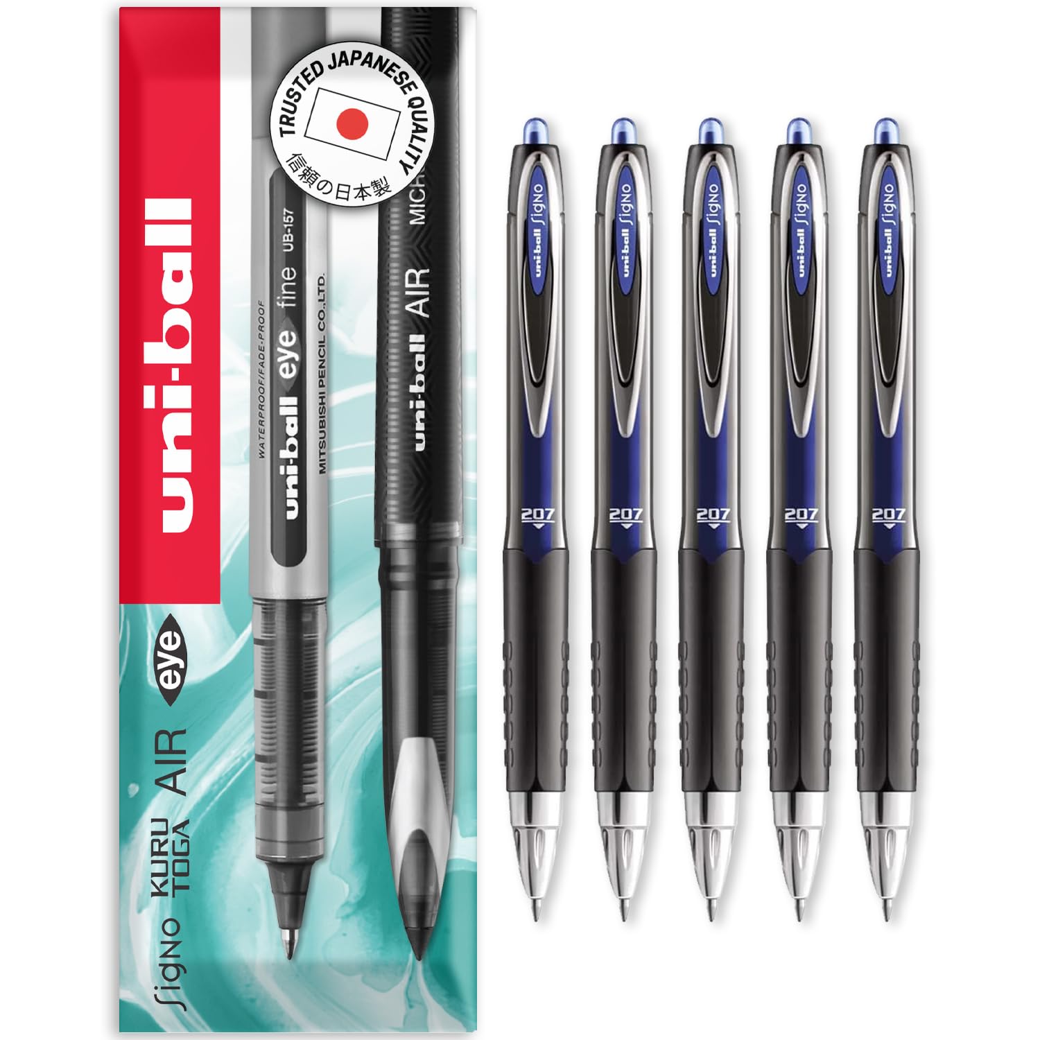uni-ball UMN-207 Retractable Rollerball Pens - 0.7mm Nib - In Envelope Gift Packaging (Blue, Pack of 5)