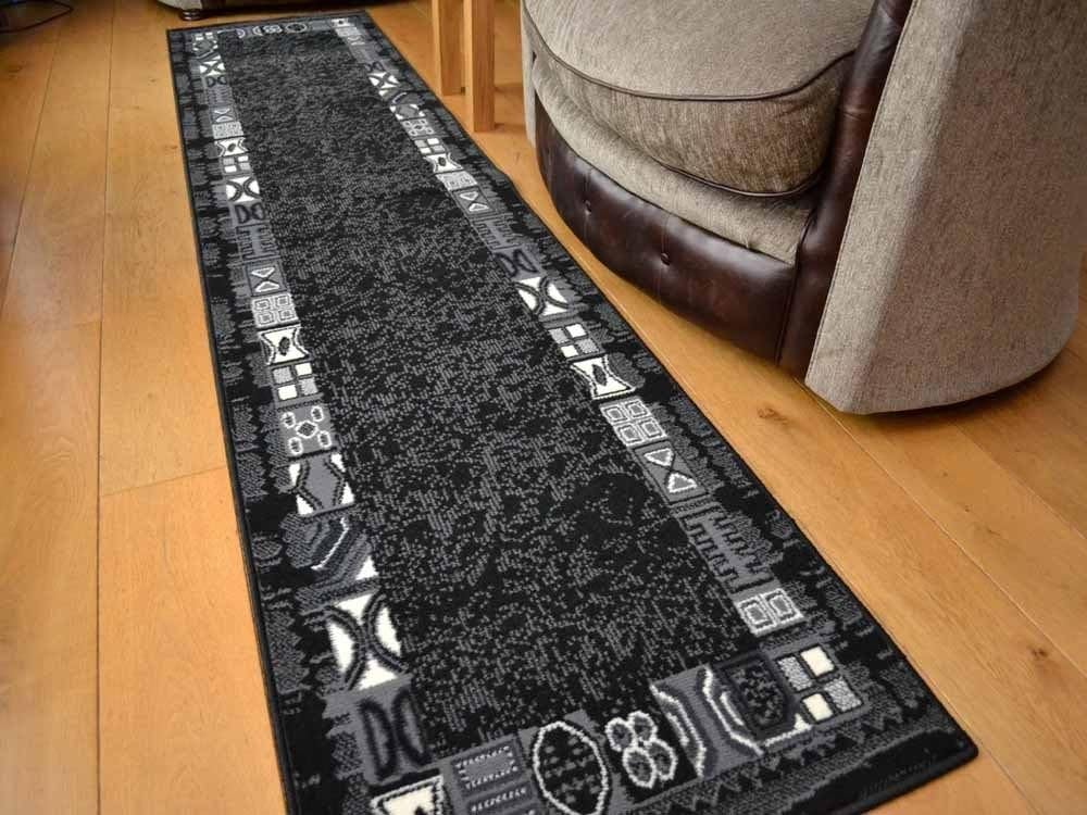 Trend Black Grey Border Design Rug. Available in 8 Sizes (60cm x 225cm