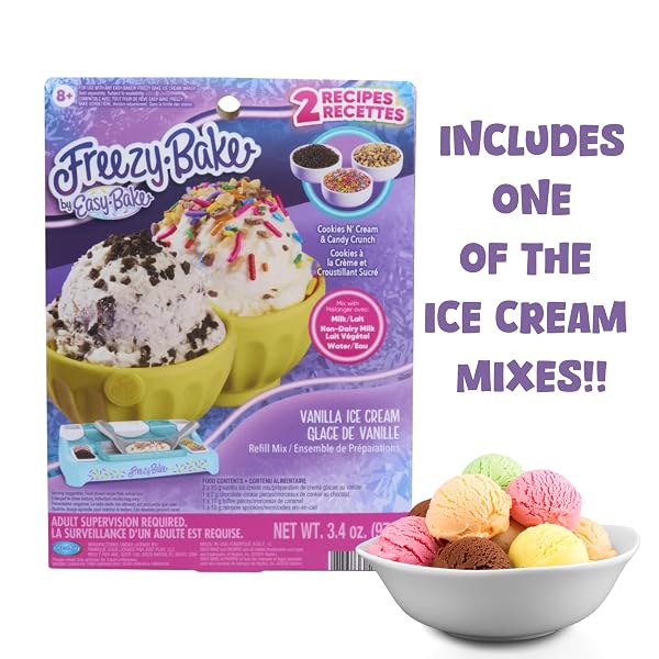 FREEZY BAKE ICE CREAM MAKER DELUXE SET FOR KIDS, 8 PIECE SET WITH 1 ICE CREAM MIX, AGES 8+