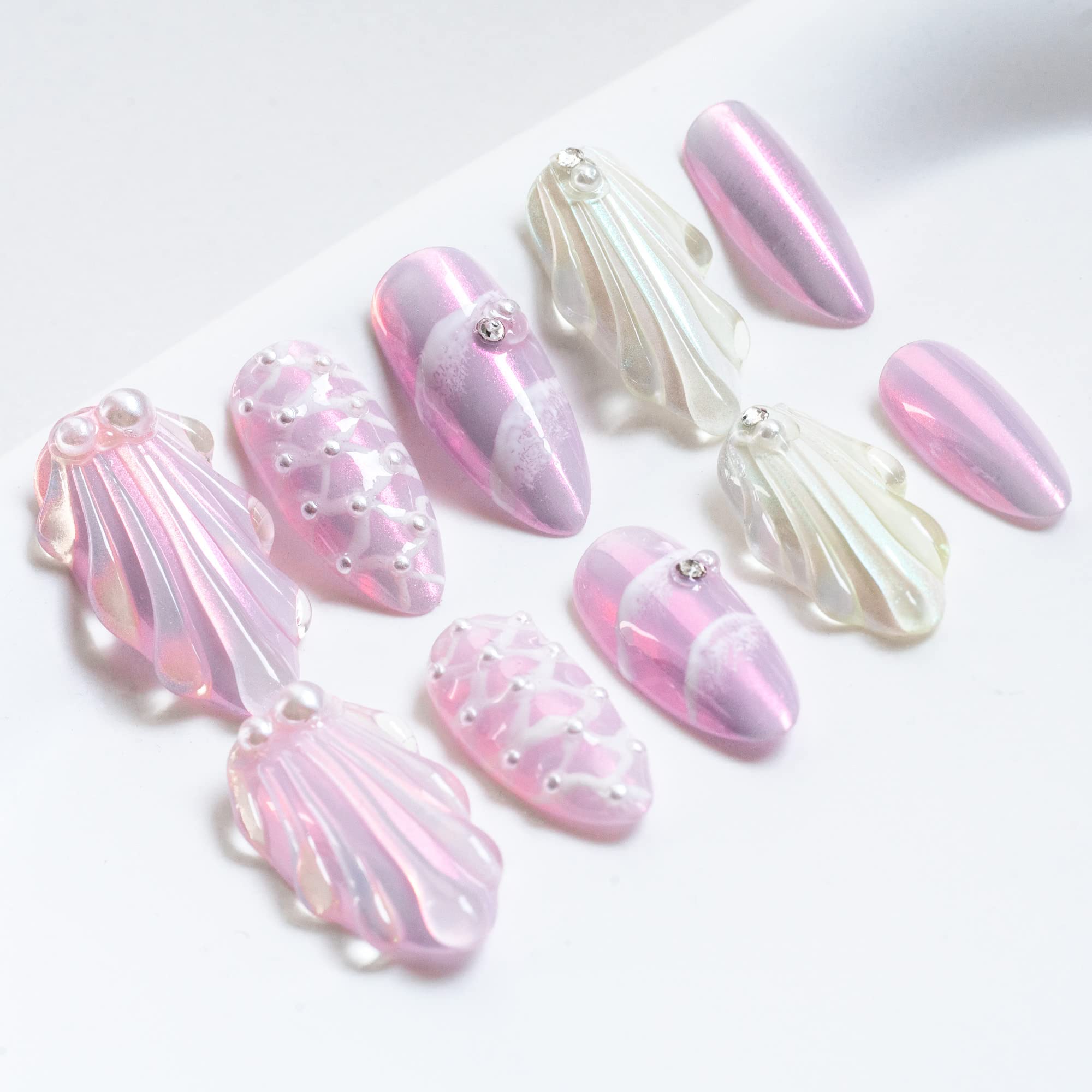 Sun&Beam Nails Handmade Press On Nails Medium Almond Pearl Pink Shell Design Glossy Finish 10 Pieces for Everyday Wear and Special Occasions (#029 L)