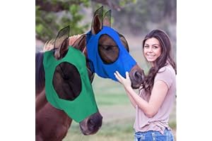 Weewooday 2 Pieces Horse Fly Masks for Horses Horse Mask with Ears Smooth and Elasticity Fly Mask with UV Protection(Royal Blue, Dark Green,L)