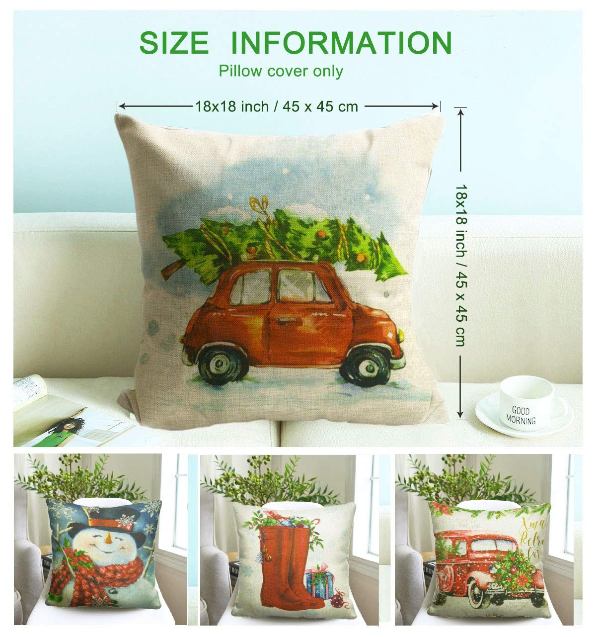 TIGERNU Throw Pillow Covers 18x18 inch (45x45cm) Linen Pillowcases Christmas Decorations Winter Snow Auto Church Cushion Cover for Couch Bed Sofa Car- Set of 4