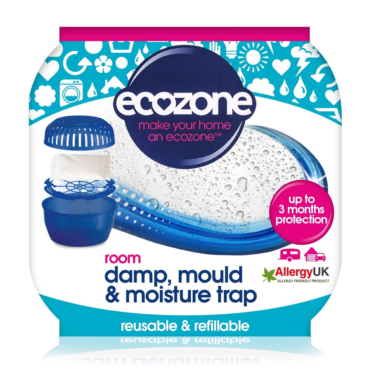 EcoZone Room Damp, Mould & Moisture Trap, Portable Dehumidifier Device, Re-Usable & Re-Fillable, 3 months Protection for Bedrooms, Bathrooms, Garages, Kitchens & Caravans, Vegan Friendly (Single)