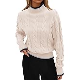 ZESICA Women's Casual Long Sleeve Mock Neck Cable Knit Contrast Color Fall 2026 Winter Chunky Pullover Sweater