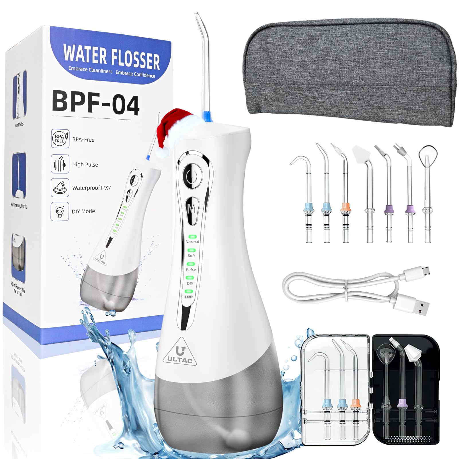 Photo 1 of Portable Water Flosser with 7 Tips - Oral Irrigator Water Flosser Cordless 4 Modes and Rechargeable Irrigador Dental for Braces Teeth IPX7 Waterproof with 320ml Tank and Tips Box Travel Case(White)