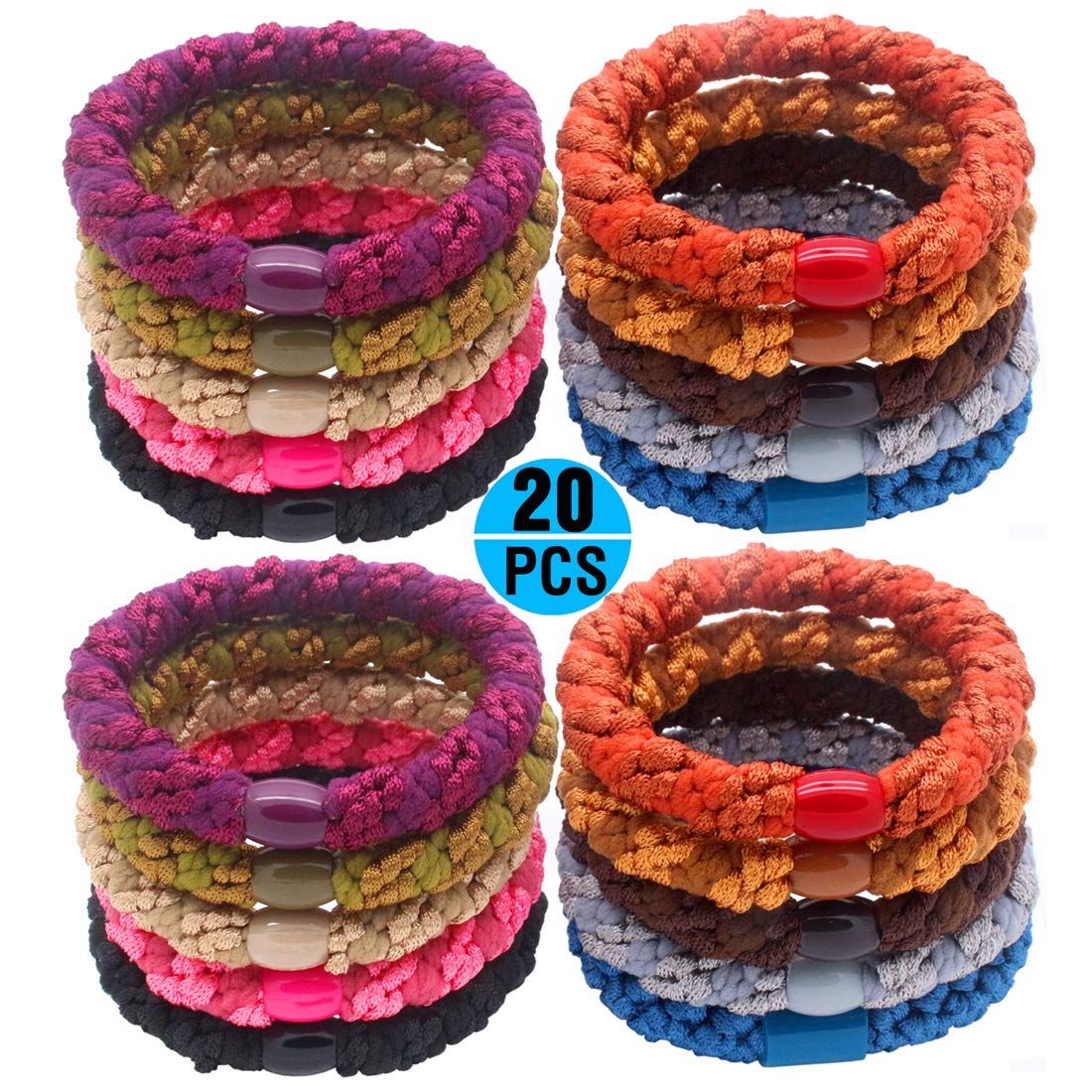HOLLIHI 20 Pieces Large Hair Ties Pony Ponytail Holders for Thick Hair - Stretchy Elastics Hair Bands Boutique Woven Ropes for Women and Girls, Vivid