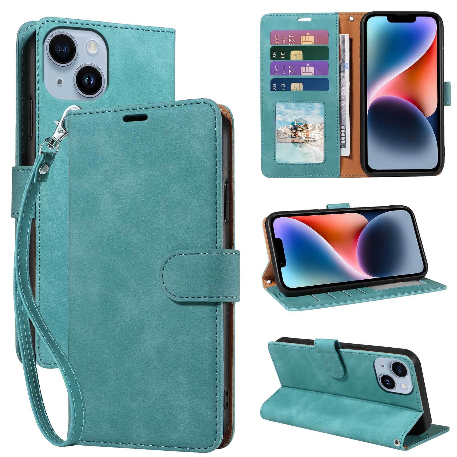 GOTOURED for iPhone 14 Phone Case Wallet, RFID Blocking 4 Card Slots, Wrist Strap, Kickstand, Magnetic Closure, Shockproof Protective Soft Leather Flip Cover for iPhone 14 Case (Green)