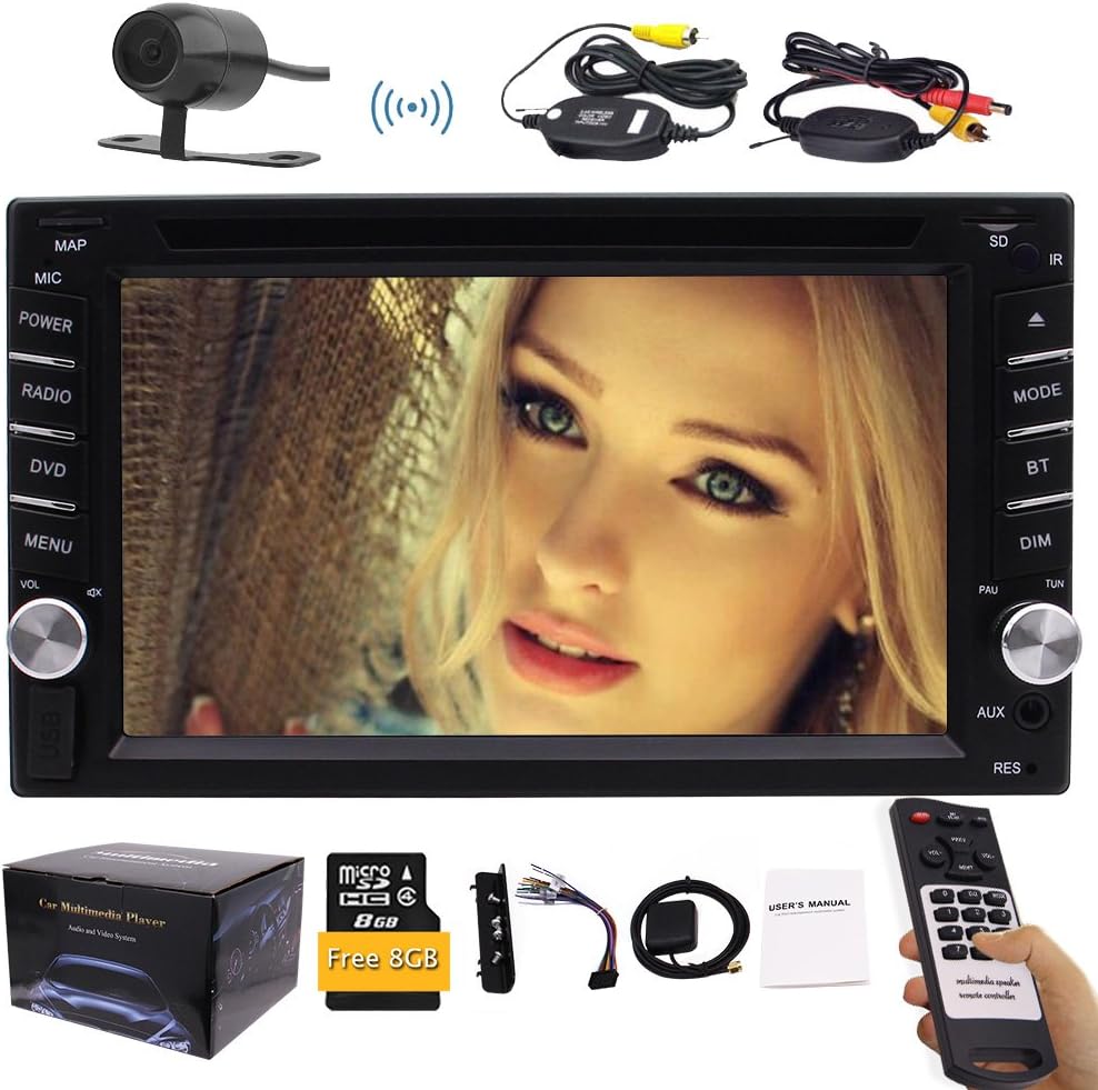 Wireless Backup Camera Included!!! Universal 6.2" Double Din Vehicle CD DVD Player Car GPS Navi In Dash Stereo Radio Bluetooth USB with Colorful Backuplight Buttons+FREE 8G Map Card+Remote Control