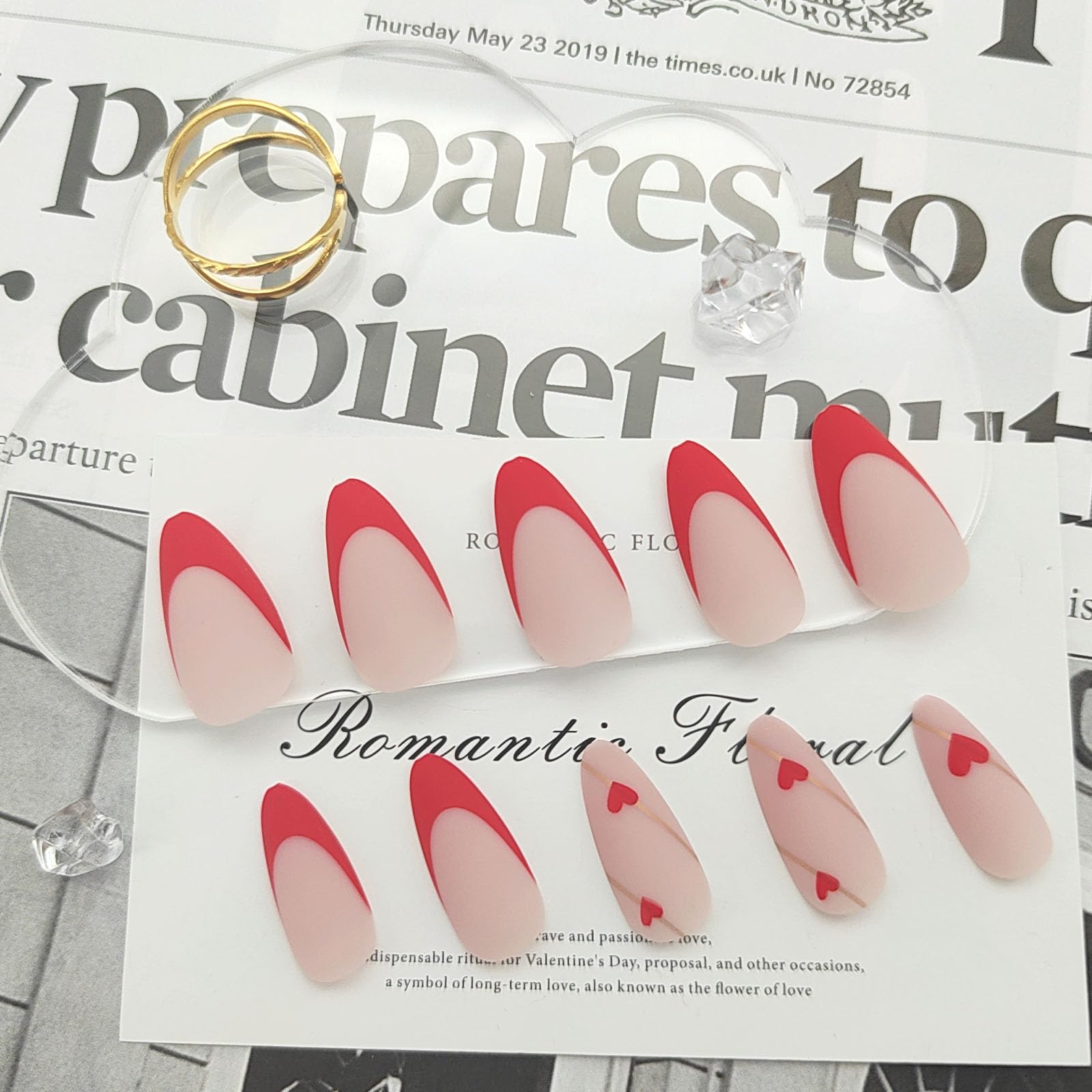 Valentine's Day Press on Nails Medium Almond Fake Nails with Red Heart & Golden Lines Designs Red French Tip Nails Press ons Matte Glue on Nails Full Cover Stick on Nails for Women 24Pcs - Image 4