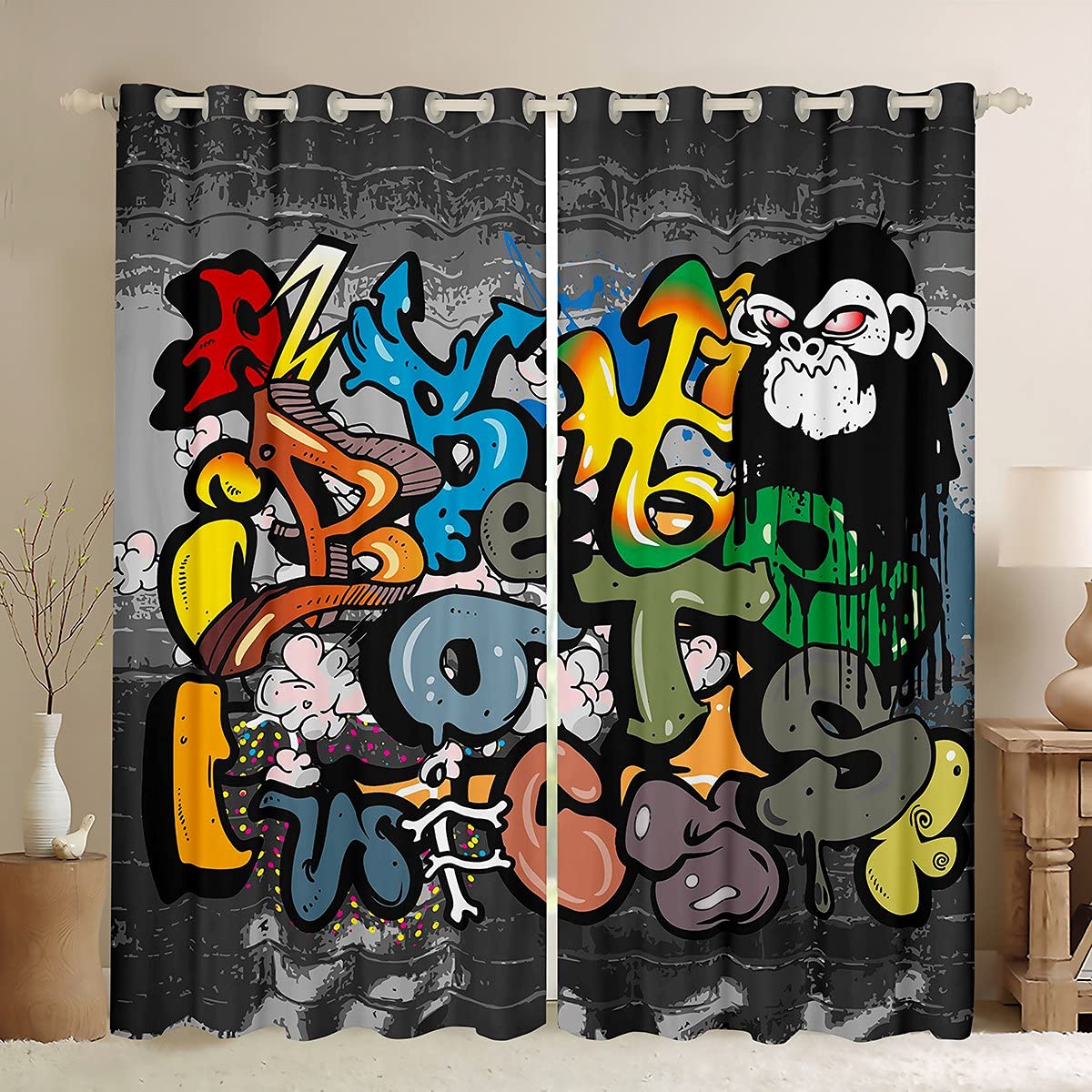 Hip Hop Curtains for Bedroom Living Room Colorful Graffiti Printed Curtains for Kids Boys Teens Cartoon Alphabet Printed Windows Drapes Street Hipster Curtains,W46*L54