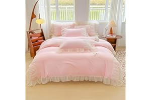 MOOWOO Chic Lace Bedding with Lovely Bow-Romantic Ruffle Duvet Cover Set, 3 Piece Comforter Duvet Cover with Zipper Closure, French Princess Style,Coquette Room Decor-Pink,Queen Size