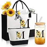 Frerdui Personalized Gifts for Women, Monogrammed Gifts for Women, Initial Monogram Gift Sunflower Birthday Gift for Mom Sister Best Friends - Monogrammed Canvas Tote Bag & Makeup Bag & Glass Cup M