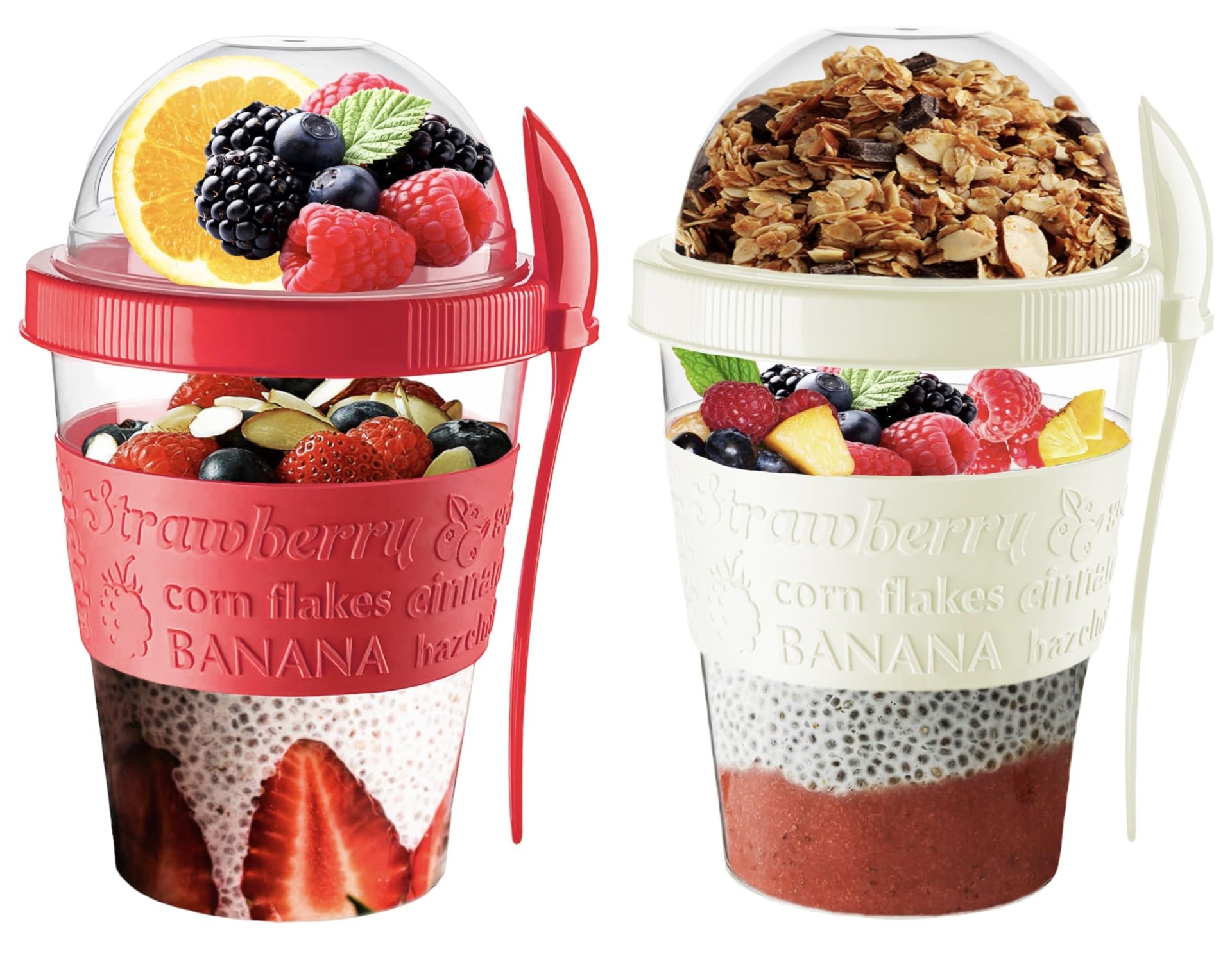 vingardium leviosa Yogurt Pots Reusable 20 Oz Overnight Oats Container with Lid & Spoon BPA free Breakfast Pots to GO Cereal On the Go Dishwasher Safe Lunch Oatmeal Jars (Set of 2 (Red, Cream))