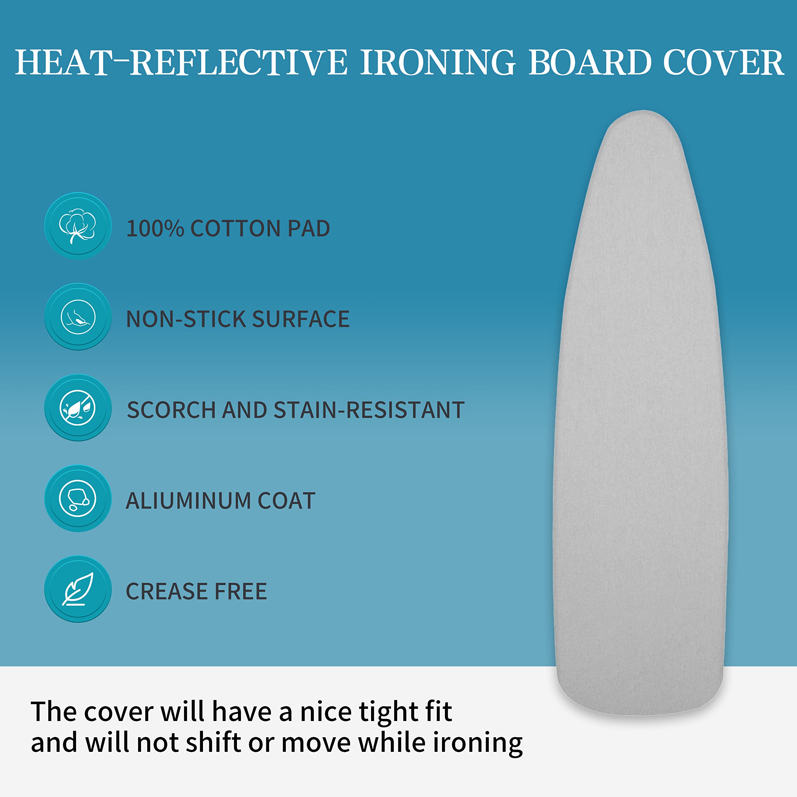 Ironing Board Cover and Pad | 100% Cotton Cover with Padding Standard Size with Aluminum Coating | Heat-Reflective Ironing Board with Elastic Edges Set | 54