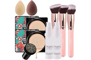 Air Cushion CC Cream Mushroom Head Foundation, 2 PCS Amazfly Moisturizing BB Cream Makeup Long Lasting Matte Concealer Bright Makeup Base Long Lasting with Mushroom Makeup Sponge and Powder Brush (Natural)