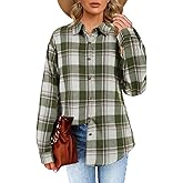Womens Long Sleeve Plaid Shirts Flannel Collared Button Down Shackets Casual Rolled Up Boyfriend Blouses Top